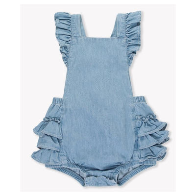 Light wash flutter overall rumper for baby girls featuring ruffled straps and side frill detailing.