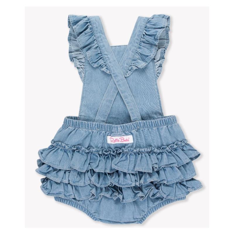 Rufflebutts - Baby Girl Light Wash Flutter Overall Rumper  Image 3