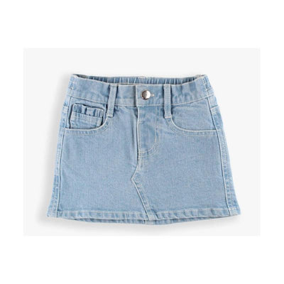 Light wash denim skirt for baby girls, featuring ruffle details, a front pocket, and a button closure.