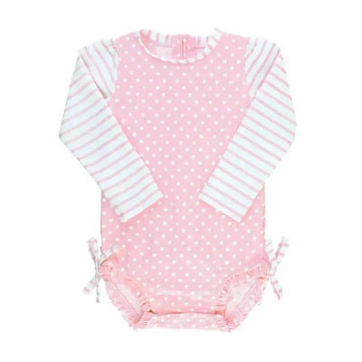 Baby girl long sleeve rash guard in pink with white polka dots and striped sleeves, featuring ruffle details and ties.
