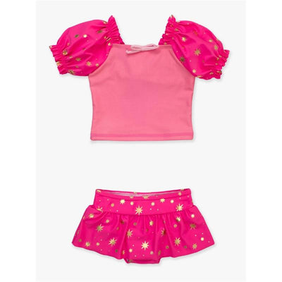 Baby girl swimsuit featuring puff sleeve top and star-patterned skirted bottom in royal pink.
