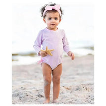 RuffleButts - Baby Girl Seersucker One Piece Rash Guard, Lilac Image 5