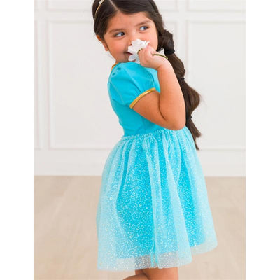 Rufflebutts - Baby Girl Short Sleeve Princess Bow Twirl Dress Teal Golden Princess Image 1