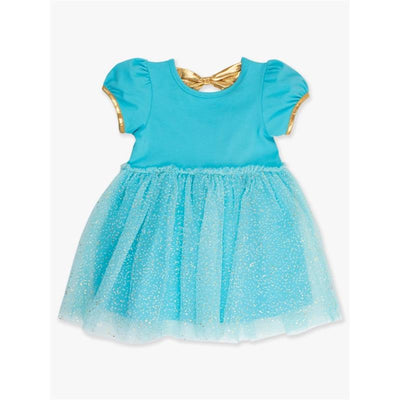 Teal short sleeve dress for baby girls featuring a bow and a sparkly tulle skirt. Ideal for twirling.