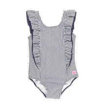 RuffleButts - Baby Girl Stripe Waterfall One Piece, Navy Image 1