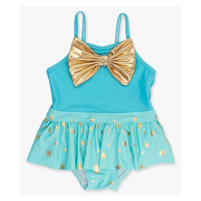 Teal and gold princess big bow skirted one-piece swimsuit for baby girls, featuring a gathered skirt and star patterns.