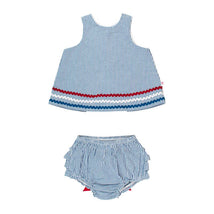 Blue and white striped swing top with red and white ric rac trim, paired with matching ruffled bloomers.