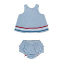Blue and white striped swing top with red and white ric rac trim, paired with matching ruffled bloomers.