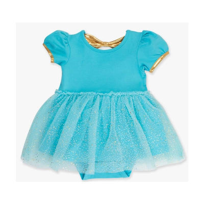 Short-sleeve turquoise romper with a glittery tulle skirt and gold accents, designed for baby girls.