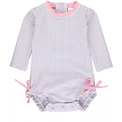 Lavender seersucker long sleeve one-piece rash guard for baby girls with pink trim and side ties.