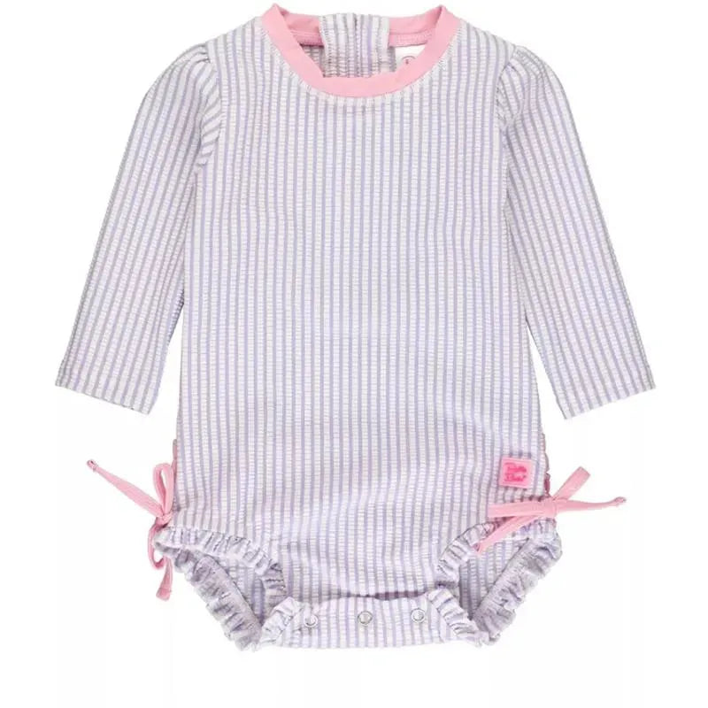 Rufflebutts - Baby Girls Lavender Seersucker Long Sleeve One Piece Rash Guard, Purple Image 1