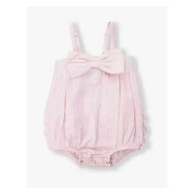Baby girls pink seersucker bubble romper featuring a large front bow and strap design, perfect for warm weather.