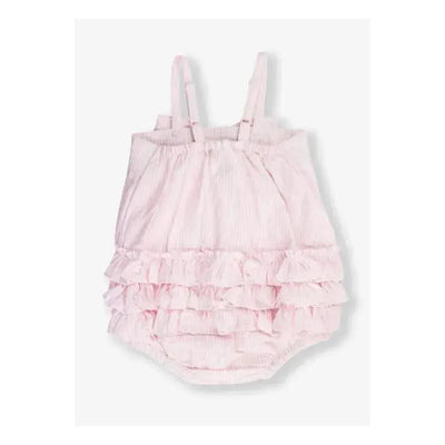 Pink seersucker bubble romper for baby girls with bow front and ruffled layers at the bottom.