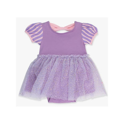 Lilac romper for baby girls featuring short striped sleeves and a glittery tulle skirt, designed for twirling.