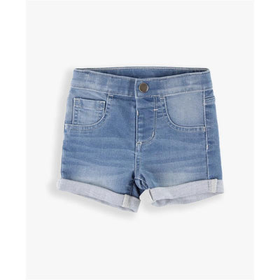 Light wash stretch denim shorts for baby girls, featuring rolled hems and two front pockets.