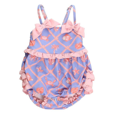 Rufflebutts Baby Girls Tropical Trellis One Piece Bow Bubble Romper Swimsuit With Signature Rear Ruffles  Image 1