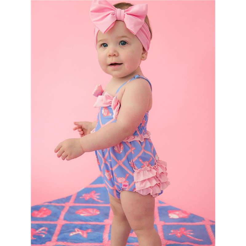 Rufflebutts Baby Girls Tropical Trellis One Piece Bow Bubble Romper Swimsuit With Signature Rear Ruffles  Image 5