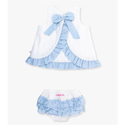 White and light blue ruffled swing top with a bow and matching bloomer set for baby girls.