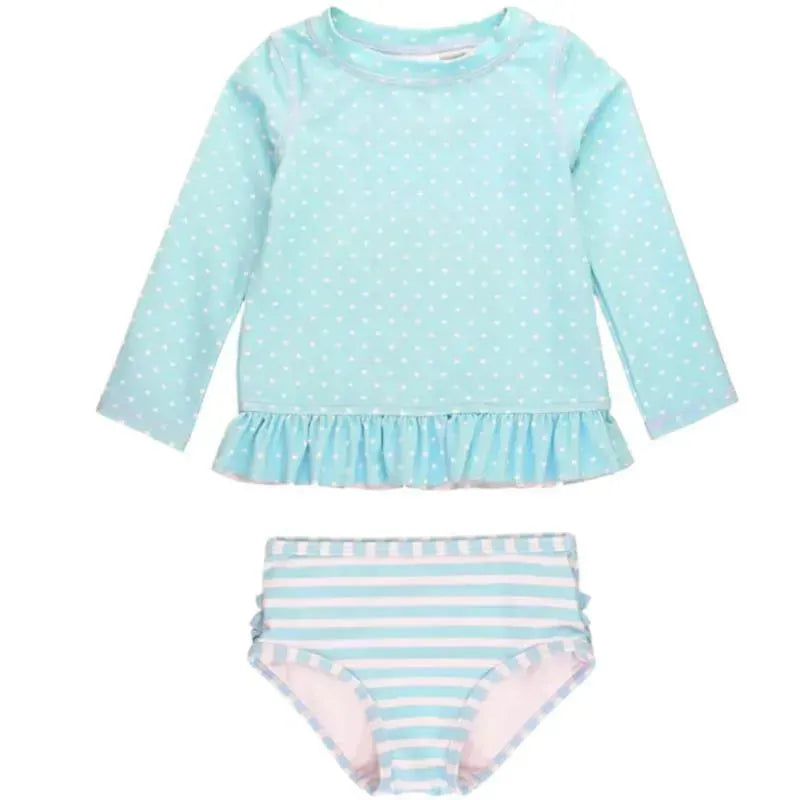 Rufflebutts - Tropical Breeze Heart Polka Long Sleeve Rash Guard Bikini, Blue Image 1