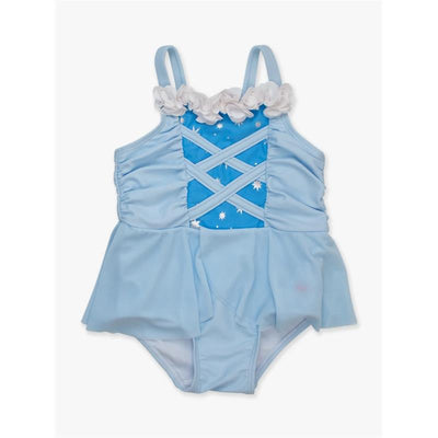 One-piece swimsuit for girls in crystal blue, featuring a ruffled neckline and star-patterned back design.