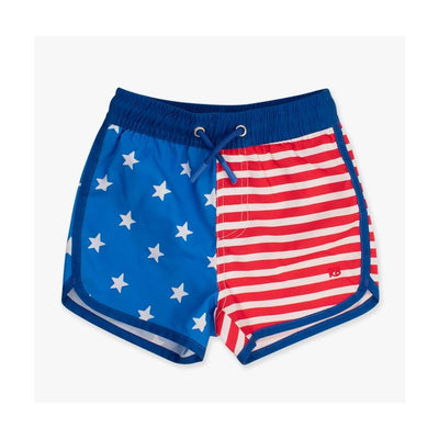Rufflebutts Dolphin Hem Swim Trunks featuring a blue side with white stars and a red striped side, ideal for July 4 celebrations.