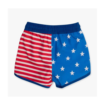 Rufflebutts swim trunks featuring a red and white striped side and a blue side with white stars, ideal for July 4 celebrations.