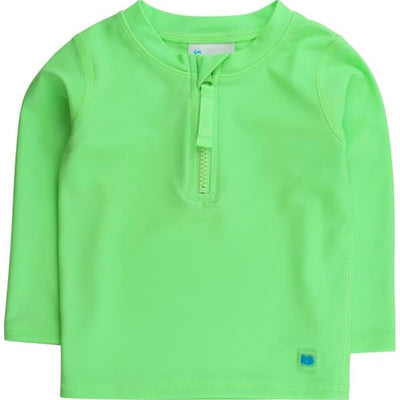 Boys long sleeve neon honeydew rash guard with a front zipper, ideal for sun protection during water activities.