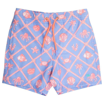 Boys tropical swim trunks featuring a light blue background with coral sea life patterns, including crabs and fish.