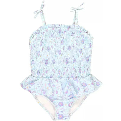 Fairytale Garden peplum one-piece swimsuit featuring a smocked bodice and pastel floral pattern.