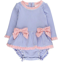 Rufflebutts Girls Periwinkle Blue Seersucker Long Sleeve One Piece Bow Peplum Rash Guard Swimsuit With Zipper  Image 1