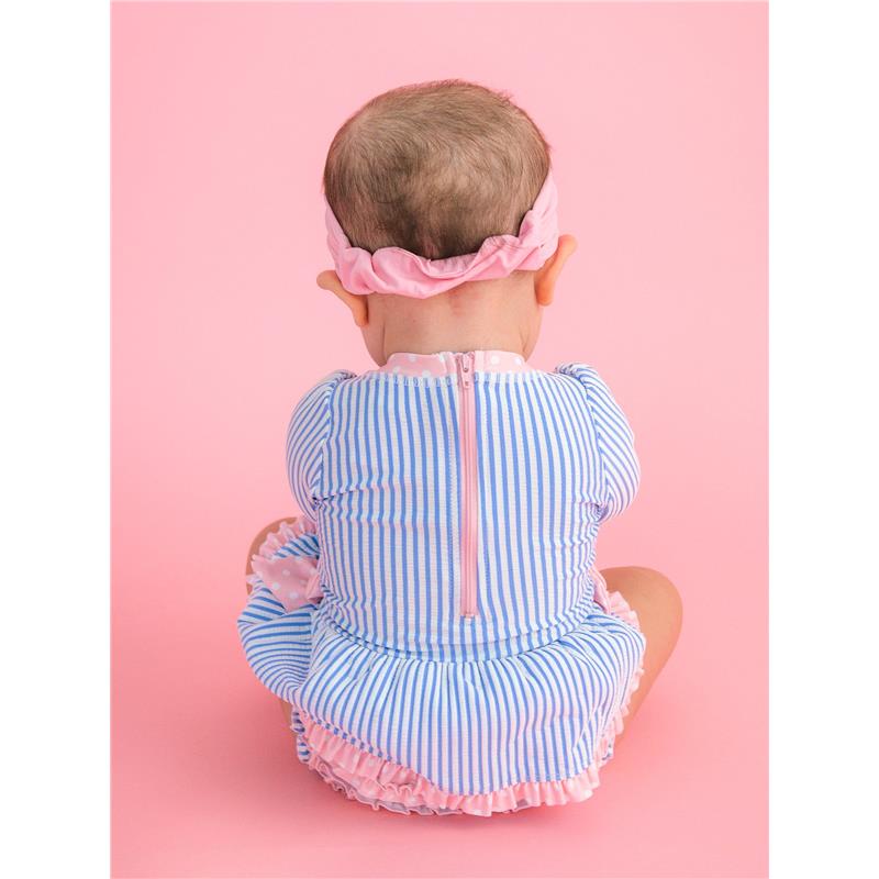 Rufflebutts Girls Periwinkle Blue Seersucker Long Sleeve One Piece Bow Peplum Rash Guard Swimsuit With Zipper  Image 6