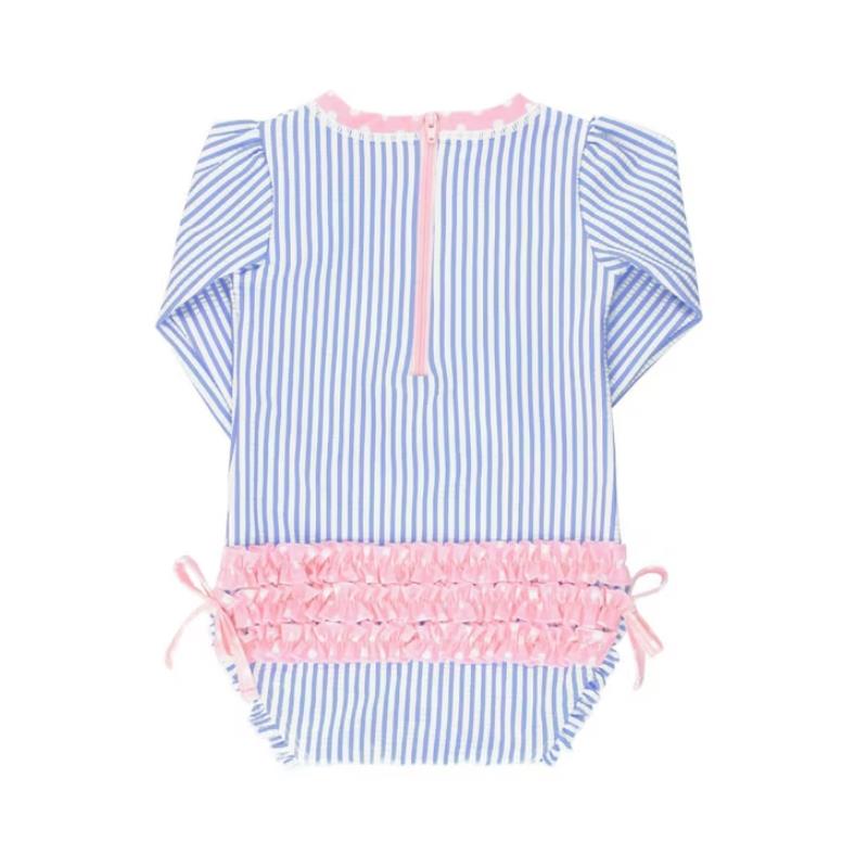 Rufflebutts Girls Periwinkle Blue Seersucker Long Sleeve One Piece Rash Guard With Zipper, Newborn Image 2