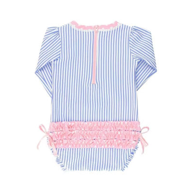 Periwinkle blue striped long sleeve rash guard for newborns with a pink ruffled waistband and zipper closure.