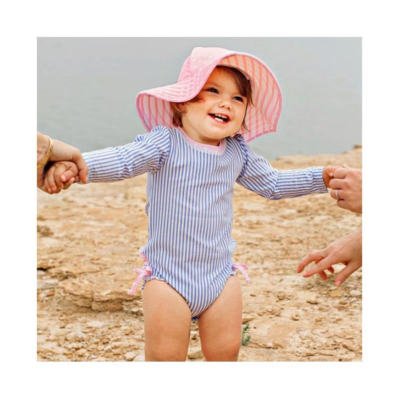 Rufflebutts Girls Periwinkle Blue Seersucker Long Sleeve One Piece Rash Guard With Zipper, Newborn Image 3