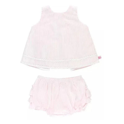 Girls pink seersucker swing top with ric rac trim and bloomers featuring ruffled edges, perfect for playful outfits.