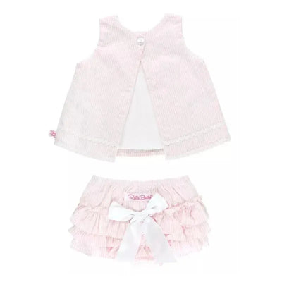 Girls pink seersucker swing top with button detail and matching ruffled bloomer set by RuffleButts.