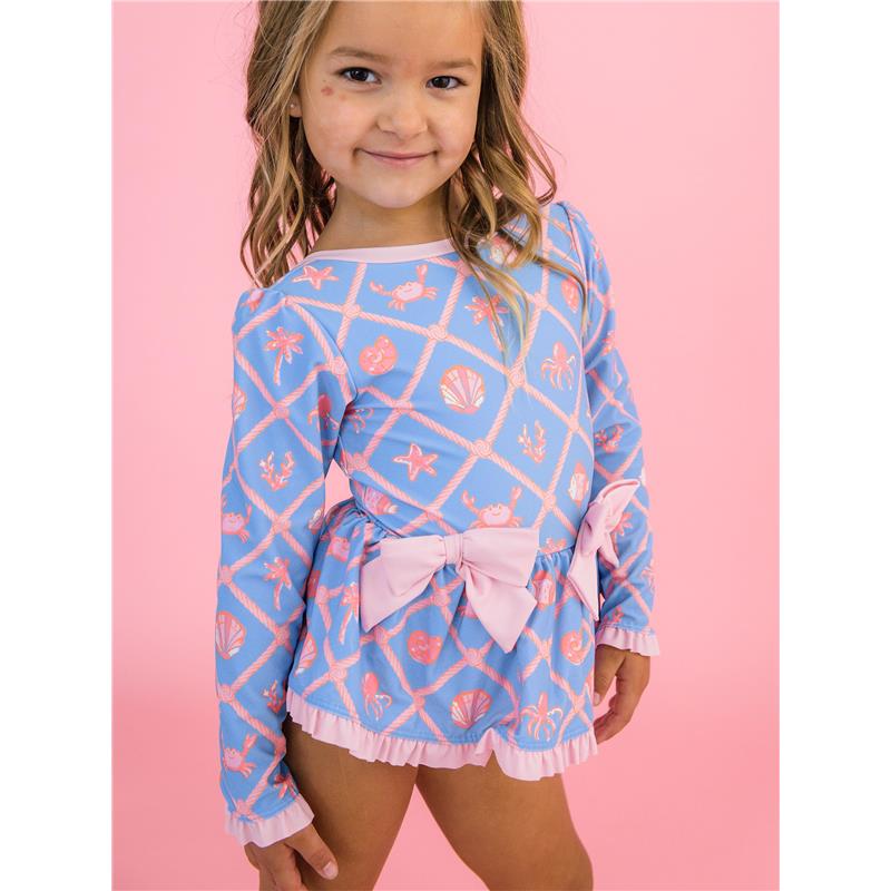Rufflebutts Girls Tropical Trellis Long Sleeve One Piece Bow Peplum Rash Guard Swimsuit Image 3