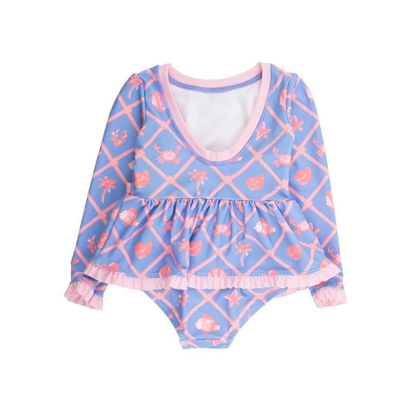 Rufflebutts Girls Tropical Trellis Long Sleeve One Piece Bow Peplum Rash Guard Swimsuit Image 4