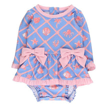 Rufflebutts Girls Tropical Trellis Long Sleeve One Piece Bow Peplum Rash Guard With Zipper Image 1