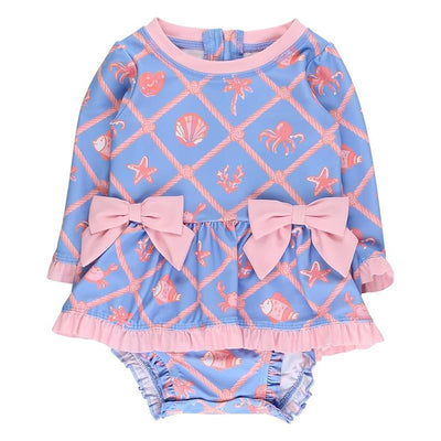 Rufflebutts Girls Tropical Trellis Long Sleeve One Piece Bow Peplum Rash Guard With Zipper Image 1