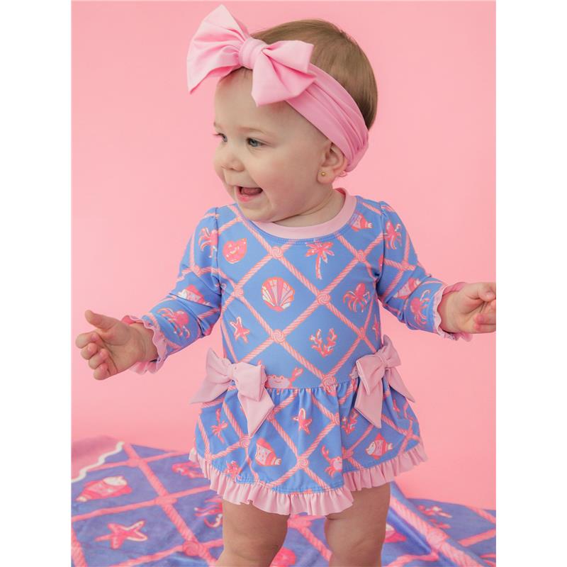 Rufflebutts Girls Tropical Trellis Long Sleeve One Piece Bow Peplum Rash Guard With Zipper Image 2