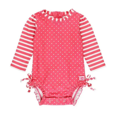 Hot pink long sleeve rash guard with heart print and striped sleeves, designed for children, featuring adjustable ties at the bottom.
