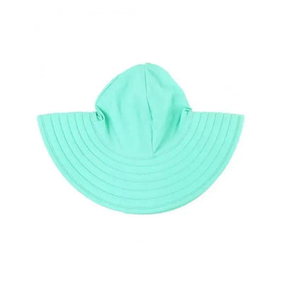 Island blue swim hat with a broad, ribbed brim and a snug-fitting hood, designed for sun protection.