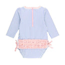 Periwinkle blue seersucker one-piece rash guard for infants, featuring long sleeves and a pink ruffled waistline.