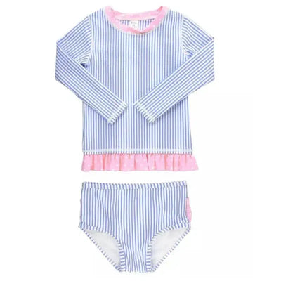 Periwinkle blue seersucker rash guard bikini set featuring long sleeves, pink ruffle trim, and coordinating bottoms.