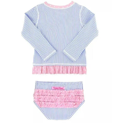 Periwinkle blue seersucker rash guard bikini set by Rufflebutts featuring long sleeves and pink ruffle details.