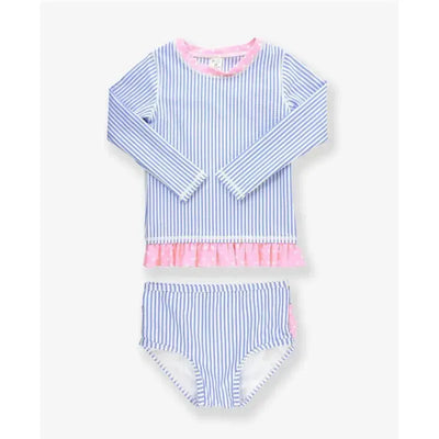 Periwinkle blue seersucker rash guard bikini set with long sleeves and pink ruffled trim; includes matching bottom.