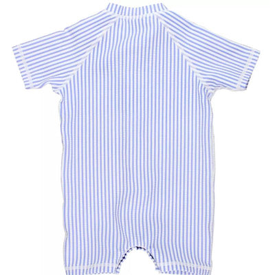 Short sleeve one-piece rash guard in periwinkle blue with white stripes, designed for sun protection.