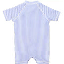 Short sleeve one-piece rash guard in periwinkle blue with white stripes, designed for sun protection.