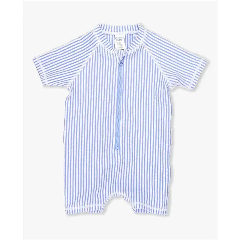 Rufflebutts - Periwinkle Blue Seersucker Short Sleeve One Piece Rash Guard Image 1